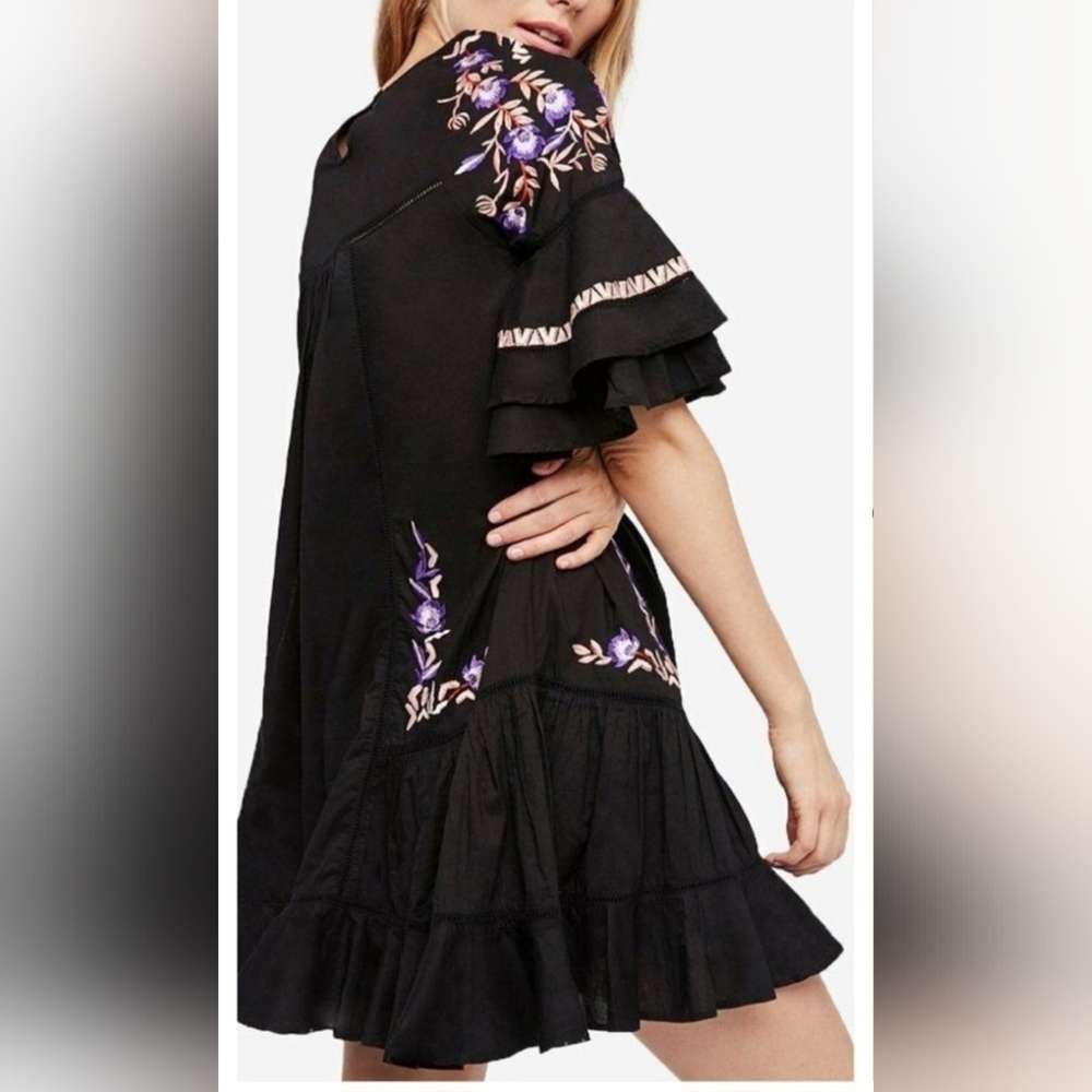 Free People Pavlo Cotton Embroidered Black Flounce Fairycore Dress Sz XS - Picture 2 of 10